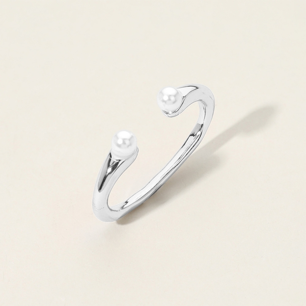 Silver White Pearl Tip Two Finger Ring 2 Fashion Statement Accessory